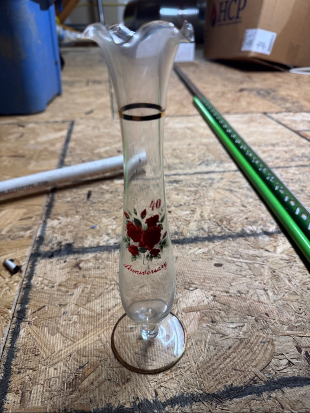 Glass 40th Anniversary Bud Vase with Red Rose Design vintage Viking